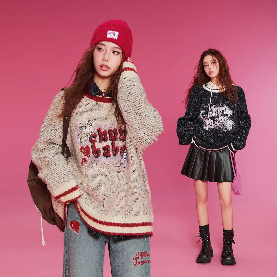 CHUU春季上新新年萌龙字母撞色套头宽松显瘦针织衫