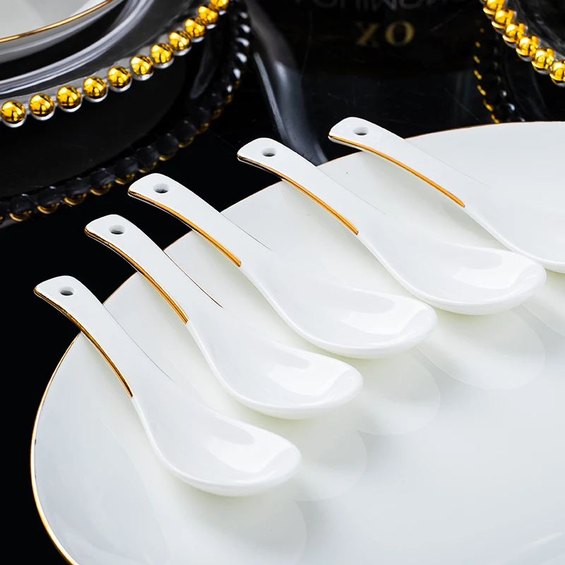 金镶玉陶瓷汤勺景德镇家用陶瓷餐具北欧高档餐厅长柄大勺陶瓷小勺