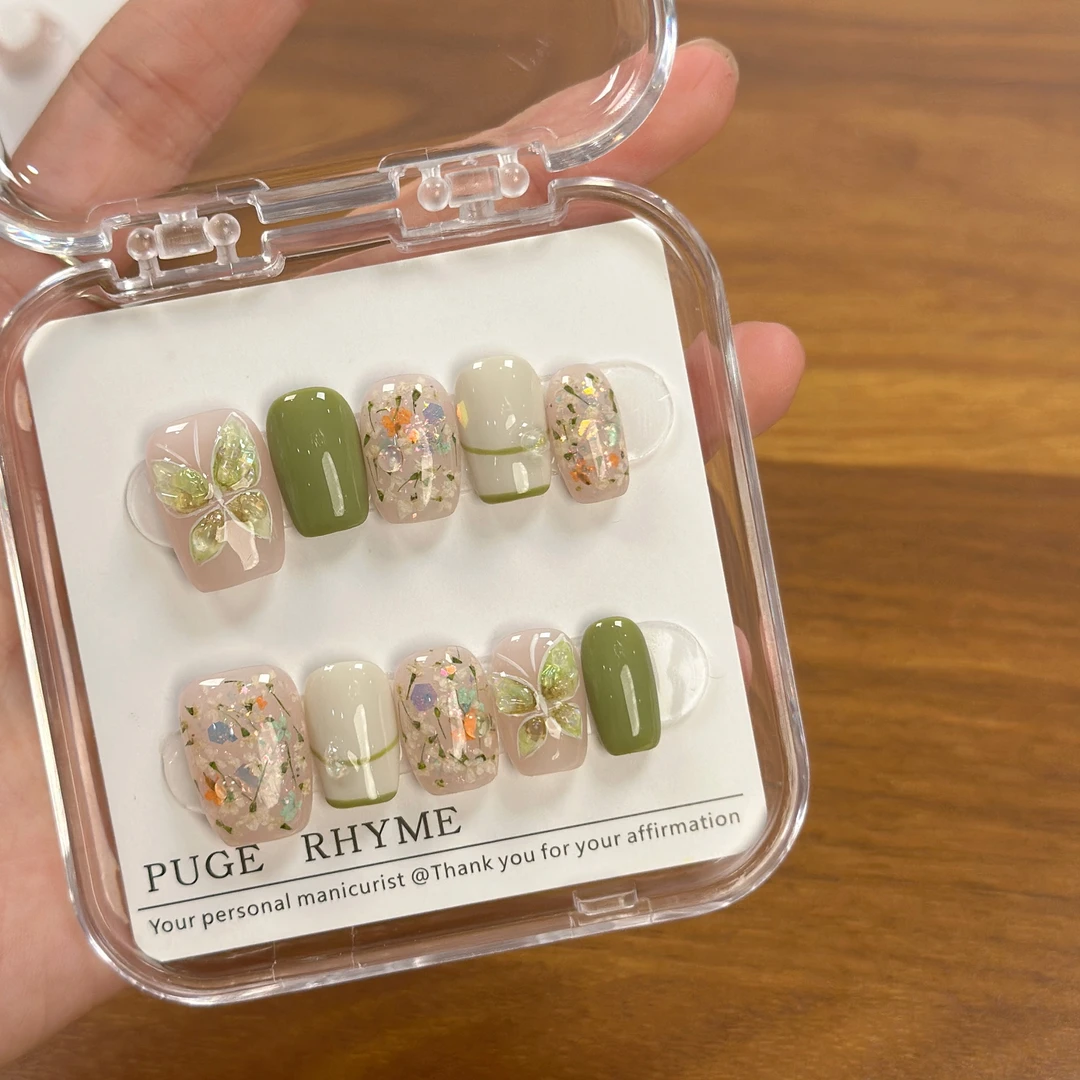 242绿野仙踪手绘水彩蝴蝶干花手工光疗穿戴美甲成品假指甲贴片