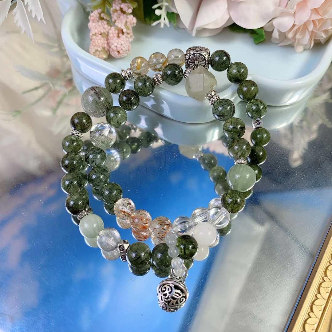 天然白水晶绿发晶加黑金超绿幽灵双圈轻奢时尚女士手串W61888