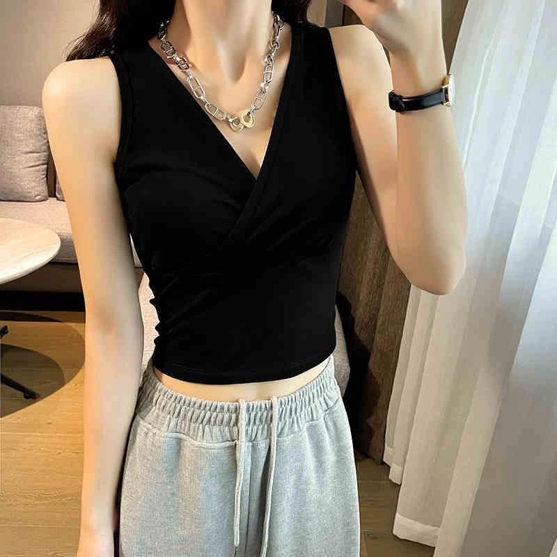 网红短款吊带背心女外穿设计感小众露脐无袖紧身v领打底内搭上衣
