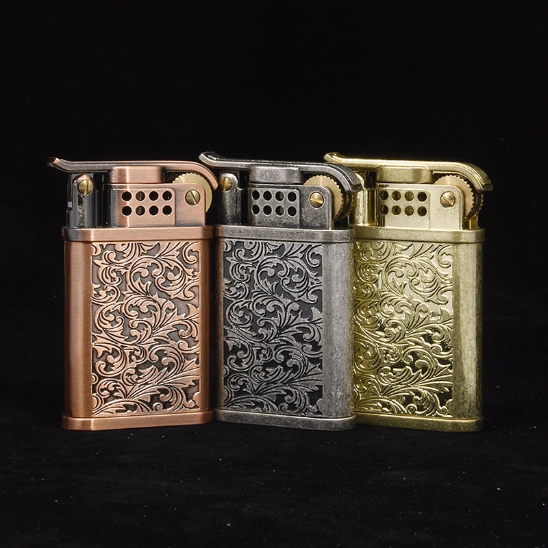 防风复古老式煤油打火机砂轮超薄创意唐草富贵花怀旧古铜礼盒男士
