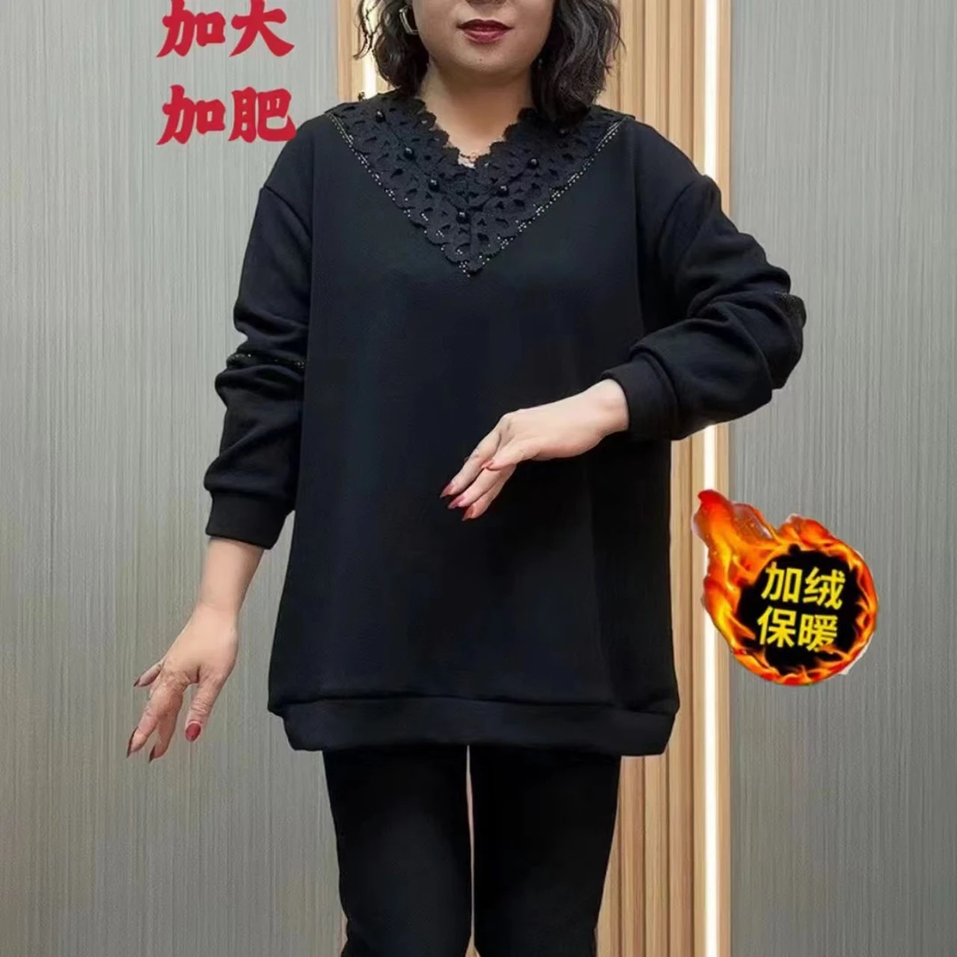 冬季新款时尚加大加肥妈妈装宽松显瘦百搭加绒保暖女士长袖小衫
