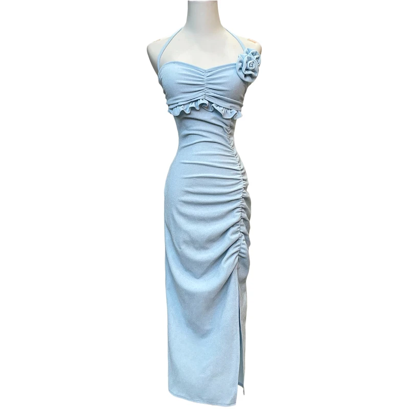 鱼子定制「坠入星河」性感修身显瘦褶皱开叉花朵挂脖连衣裙Q0449