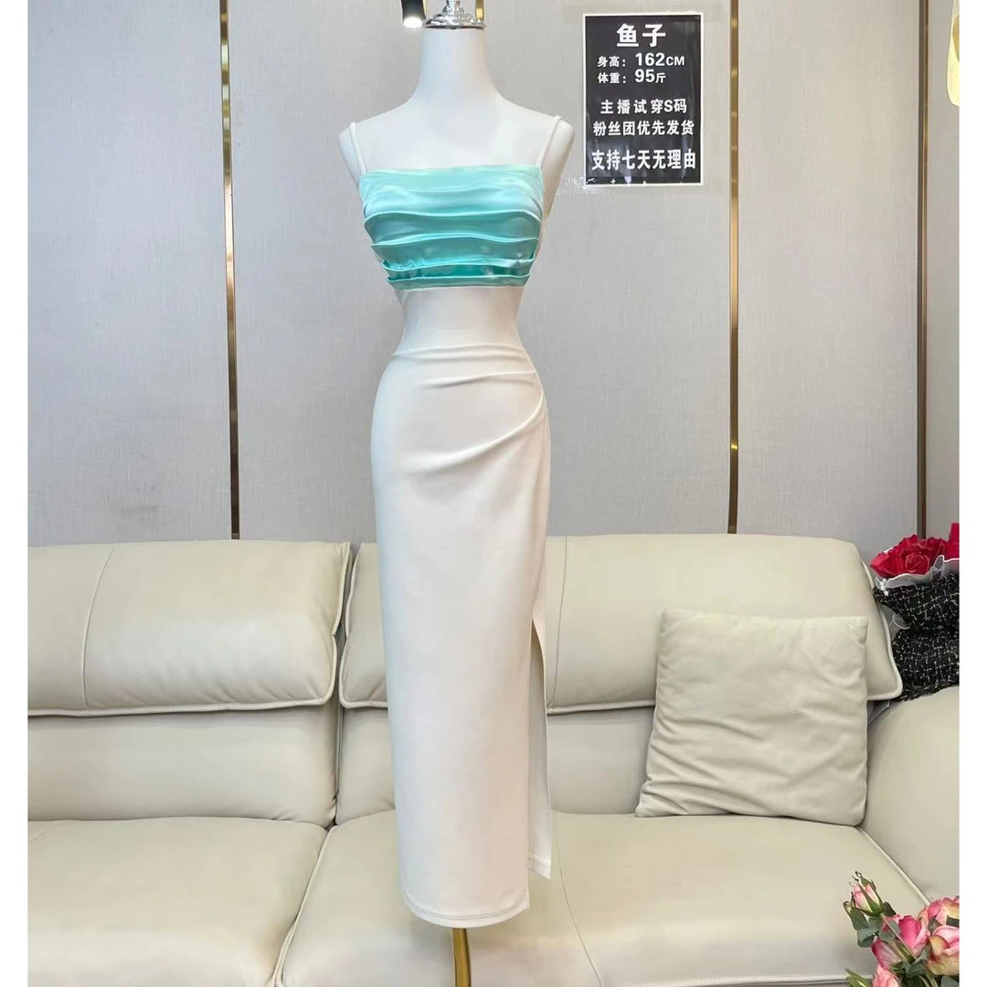 鱼子定制「薄荷曼波」气质性感修身轻奢撞色显瘦开叉连衣裙Q0698