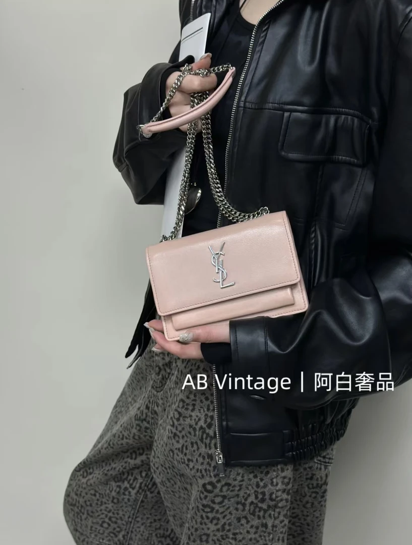 95新 YSL/圣罗兰 阿白奢品/YSL 粉色小号日落包