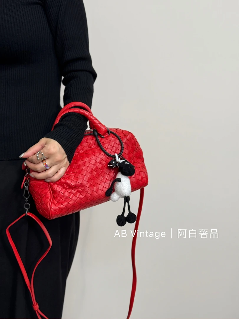 95新 BOTTEGA VENETA/葆蝶家 阿白奢品/BV 小号红色编织波士顿