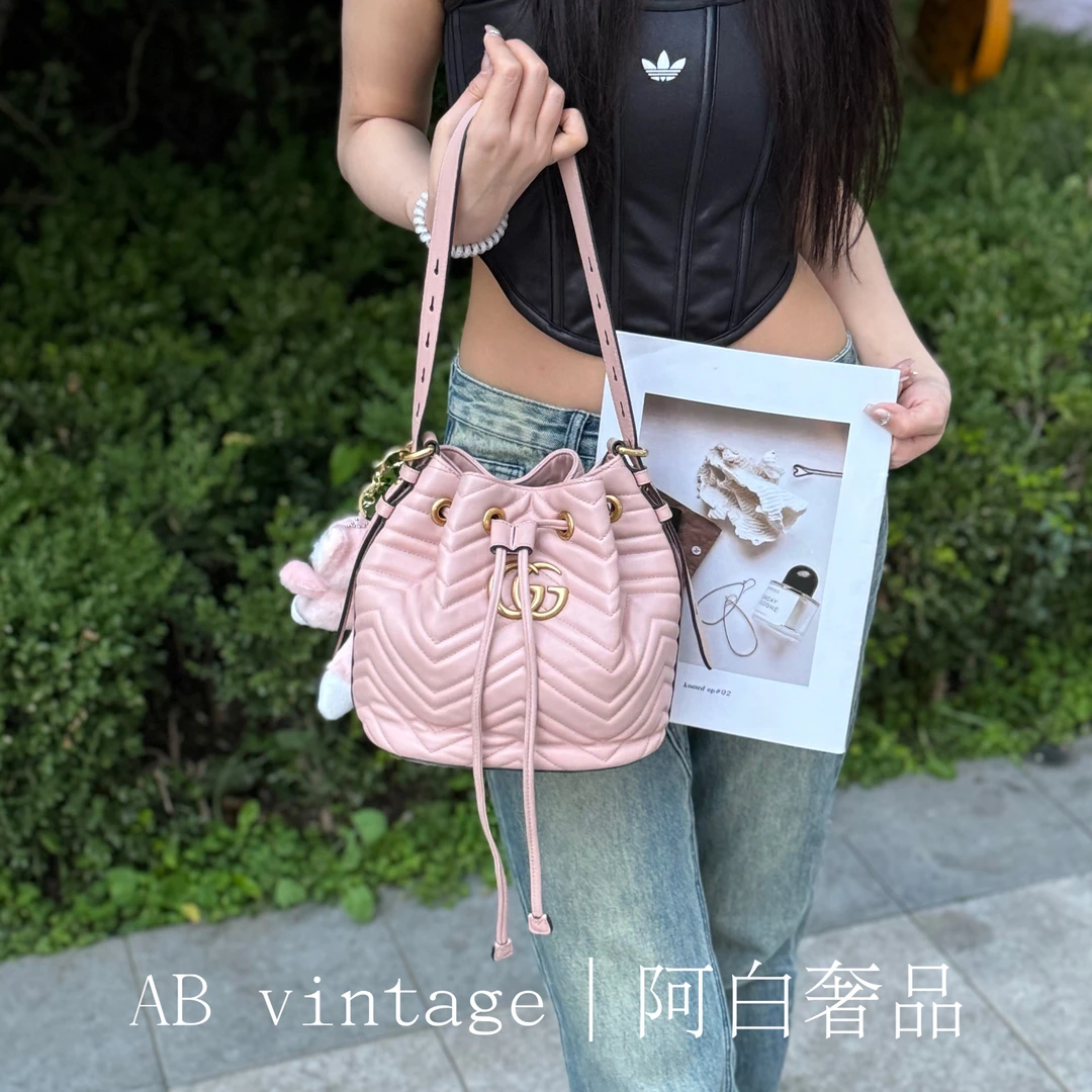 95新 GUCCI/古驰 阿白奢品/Gucci 粉色马蒙水桶包
