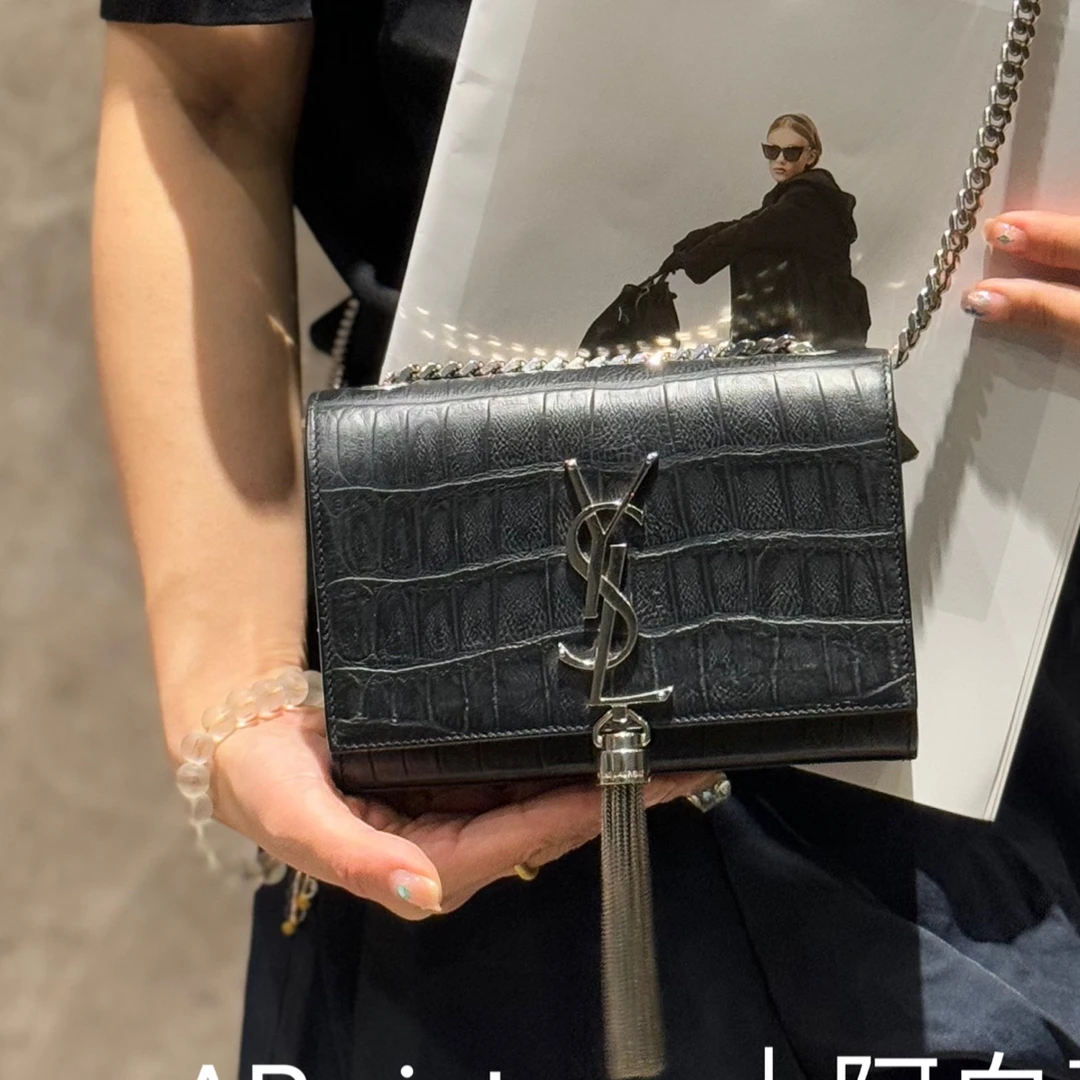 95新 YSL/圣罗兰 阿白奢品/YSL 黑银流苏鳄压纹kate包