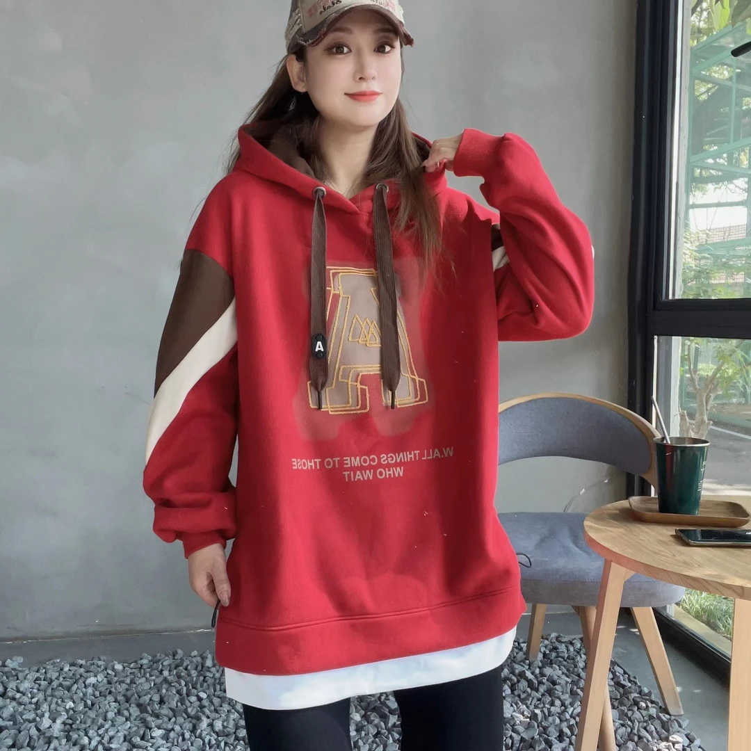 -2加绒A字绣花秋冬加厚连帽卫衣复合宽松女上衣百搭加大女士显瘦