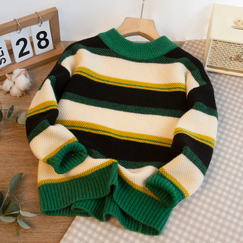男童毛衣秋冬季新款中大童保暖针织长袖条纹圆领套头衫儿童装洋气