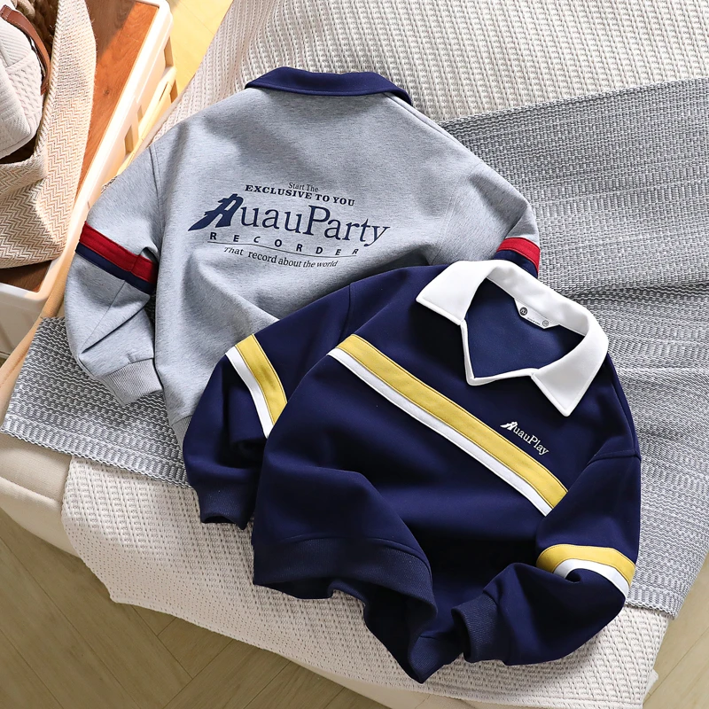 秋装新款儿童长袖POLO衫2024中大童拼色卫衣男孩帅气学院风上衣潮