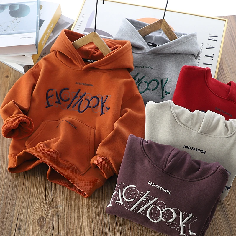 男童连帽卫衣秋冬季新款中大童帅气刺绣字母印花儿童装加绒打底衫