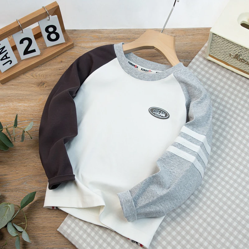 男童长袖T恤春季新款中大童帅气双拼撞色插肩儿童装休闲圆领棉质