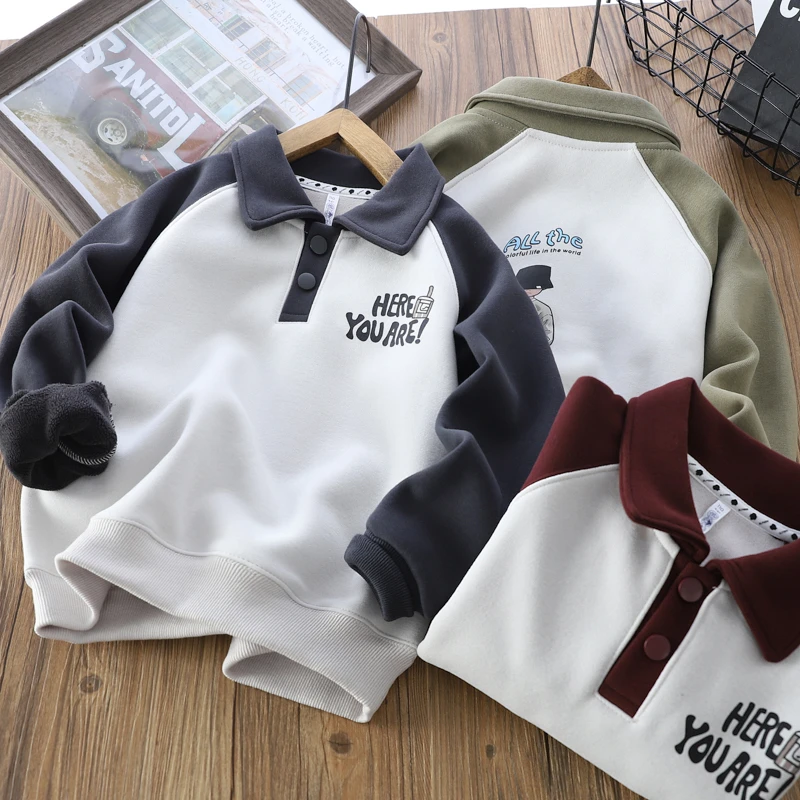 男童加绒卫衣POLO秋冬新款儿童翻领加厚上衣中大童拼色polo衫长袖