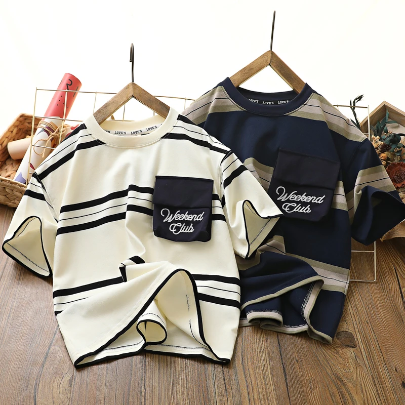 男童短袖T恤儿童条纹圆领汗衫夏装新款男孩薄款休闲体恤半袖