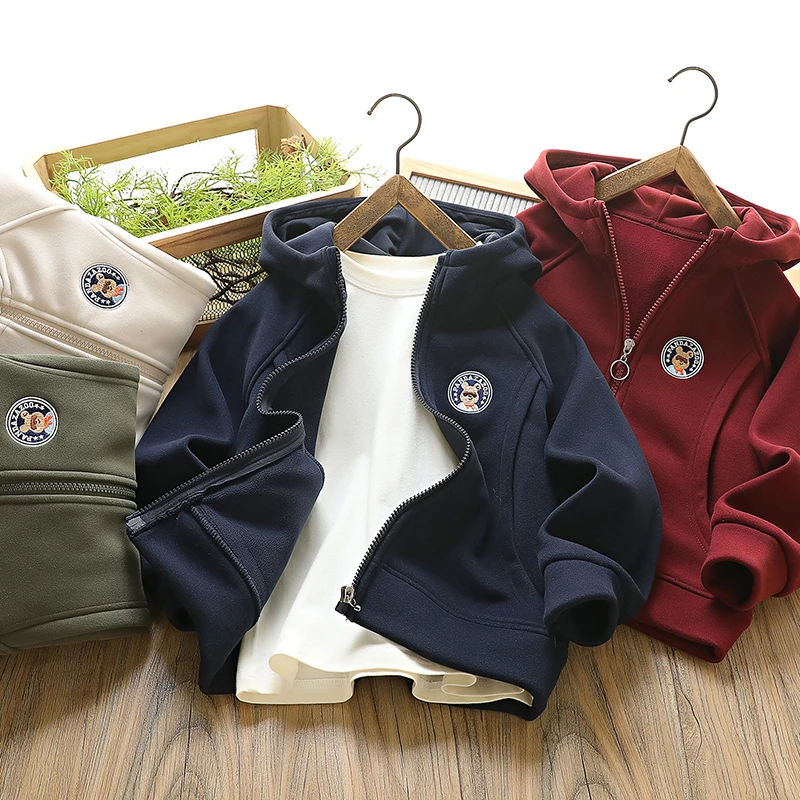 男童奥粒绒外套秋冬新款儿童加绒防风连帽开衫中大童韩版卫衣外套
