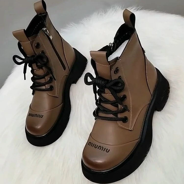 真皮厚底短靴女2023秋冬新款韩版英伦风洋气休闲加绒加厚马丁靴女