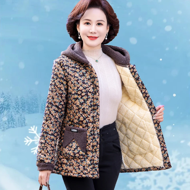 妈妈棉服冬季新款洋气时尚加厚加绒连帽棉衣中老年大码保暖棉袄厚