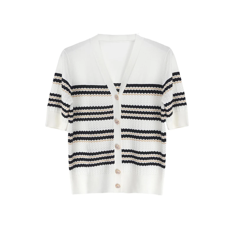 【直播专属】夏季条纹撞色气质百搭短袖女士开衫51A080237