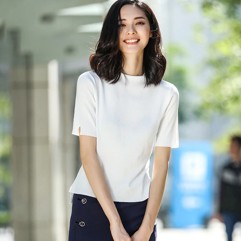 经典百搭打底针织衫夏季通勤显瘦短袖毛衫圆领套头上衣女AP2665