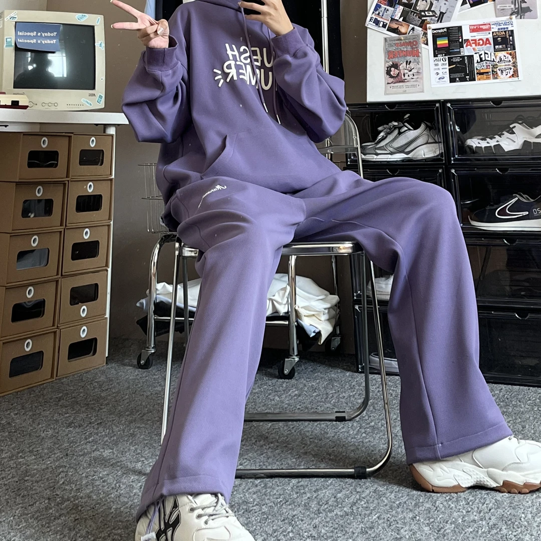 春秋休闲运动套装男女时尚宽松连帽套头百搭显瘦复古卫裤两件套02