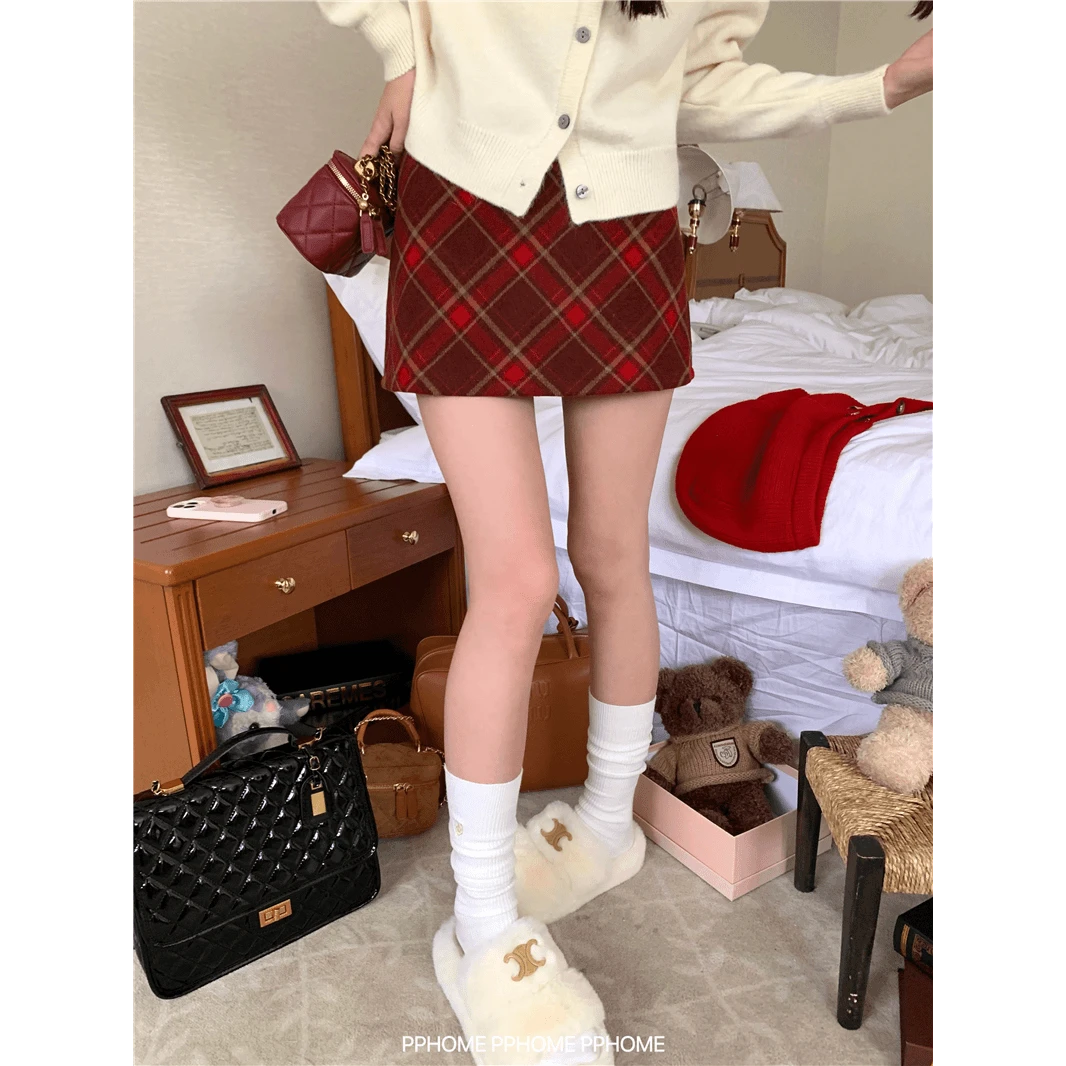 复古毛呢红色格子半身裙女秋冬高腰气质辣妹裙子性感a字包臀短裙