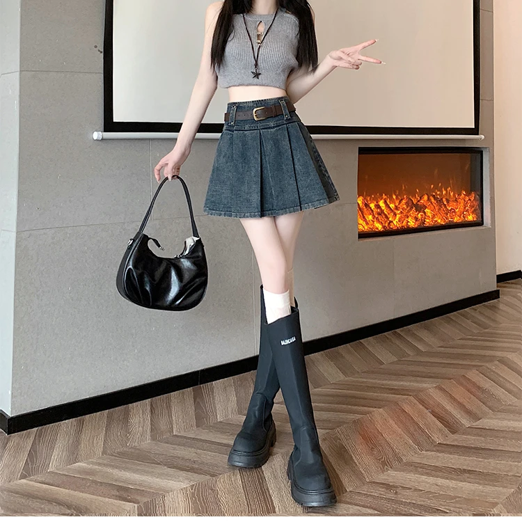 蓝色复古牛仔百褶裙女春夏新款小个子高腰显瘦A字设计感半身短裙