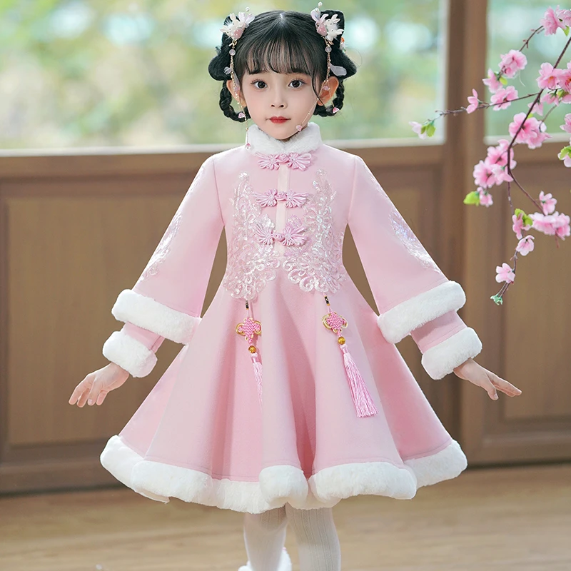 女童秋冬新款加绒加厚中国风公主裙女孩唐装宝宝汉服女童冬季