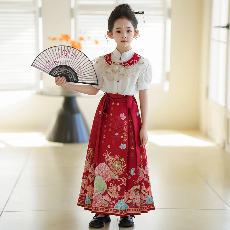 女童中国风马面裙套装2025夏季新款古装绣花气质小女孩复古公主裙