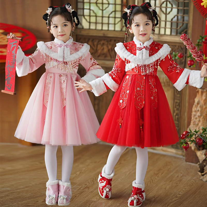 女童拜年服宝宝春秋新款加绒汉服唐装中国风小女孩古装儿童连衣裙
