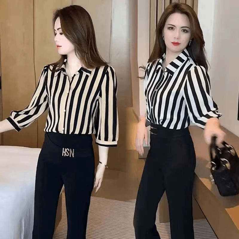 高档竖条纹衬衫女夏新款开衫气质显瘦休闲时尚百搭减龄七分袖上衣