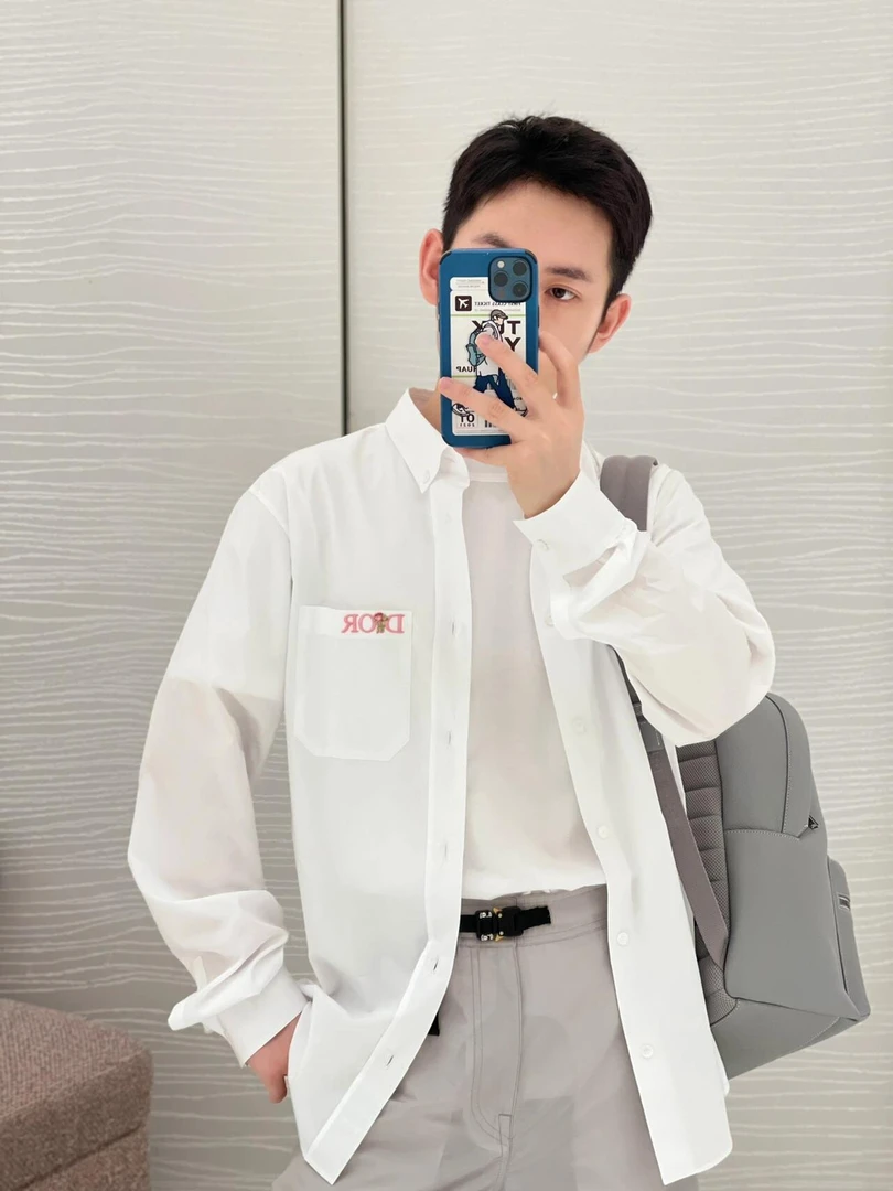 全新未使用 DIOR/迪奥 男士经典刺绣logo白色休闲时尚衬衣100455