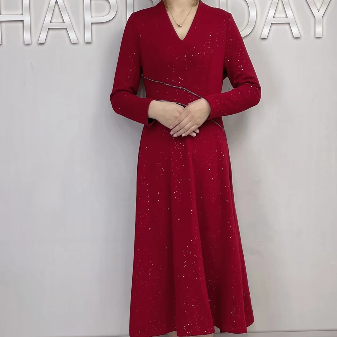 【艳姐服饰】高腰亮片加绒连衣裙长款连衣裙