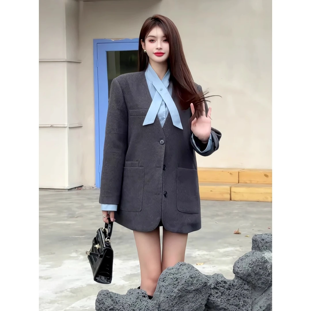 【叠穿少女】时尚套装女2024冬季新款韩版拼接毛呢外套半身裙两件套