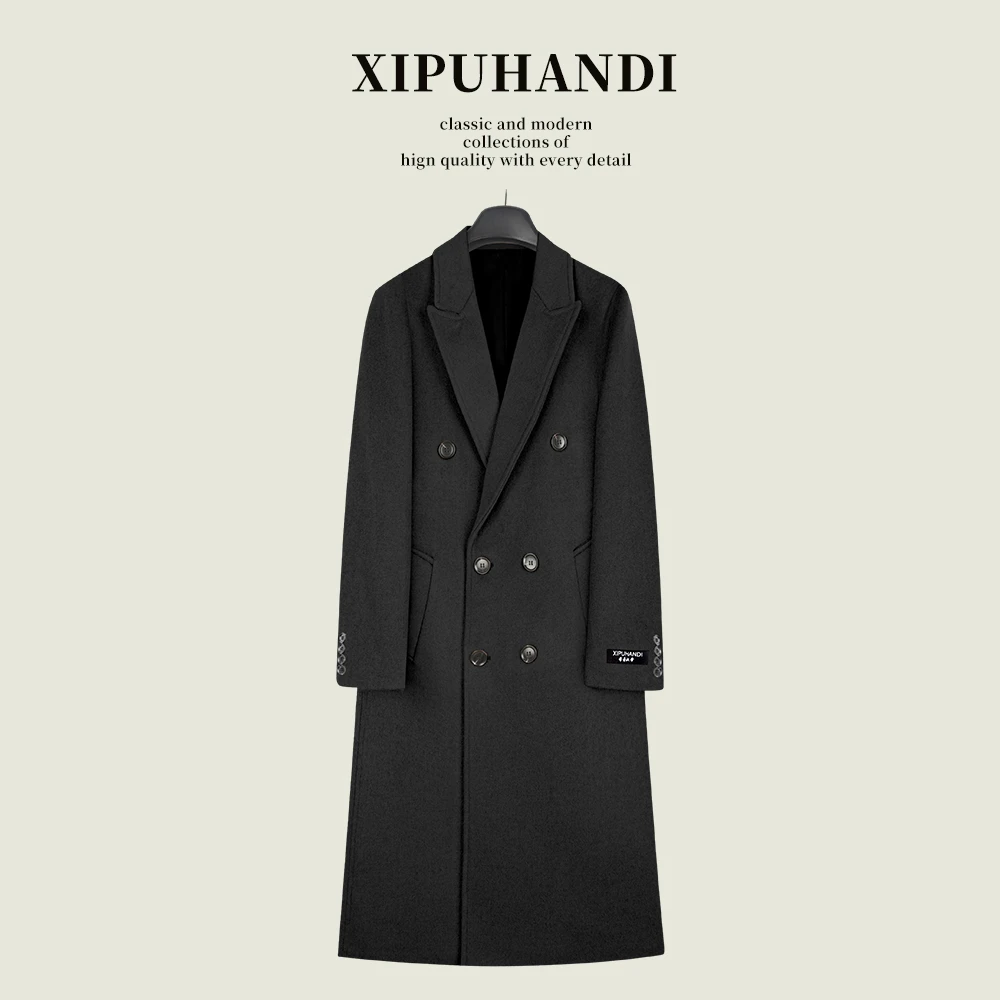 男士时尚秋冬羊毛大衣长款外套气质大衣男款黑色翻领轻奢长款
