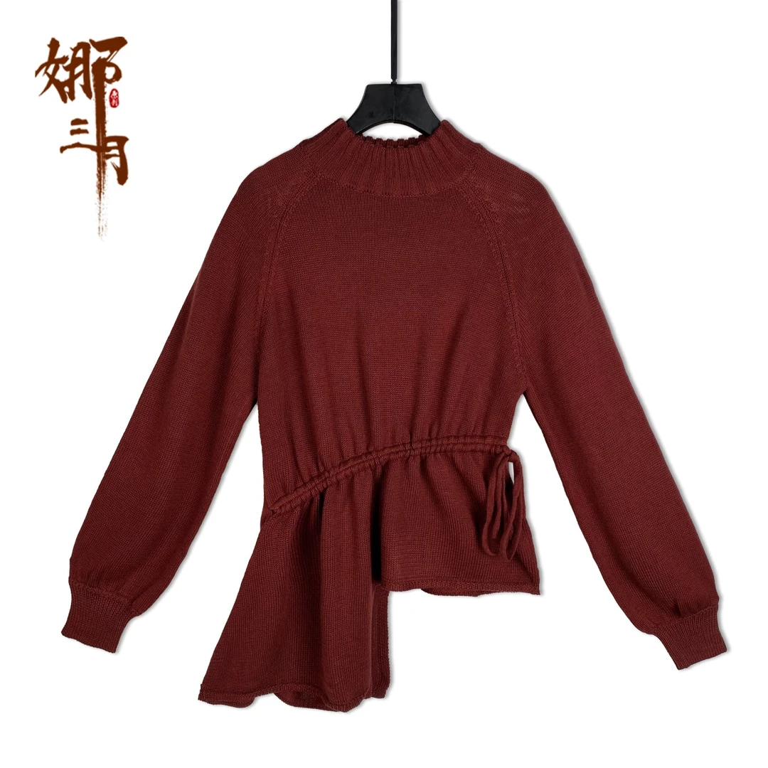 复古文艺不规则抽绳秋装毛衣时尚妈妈针织衫冬季红色春利季羊毛衫