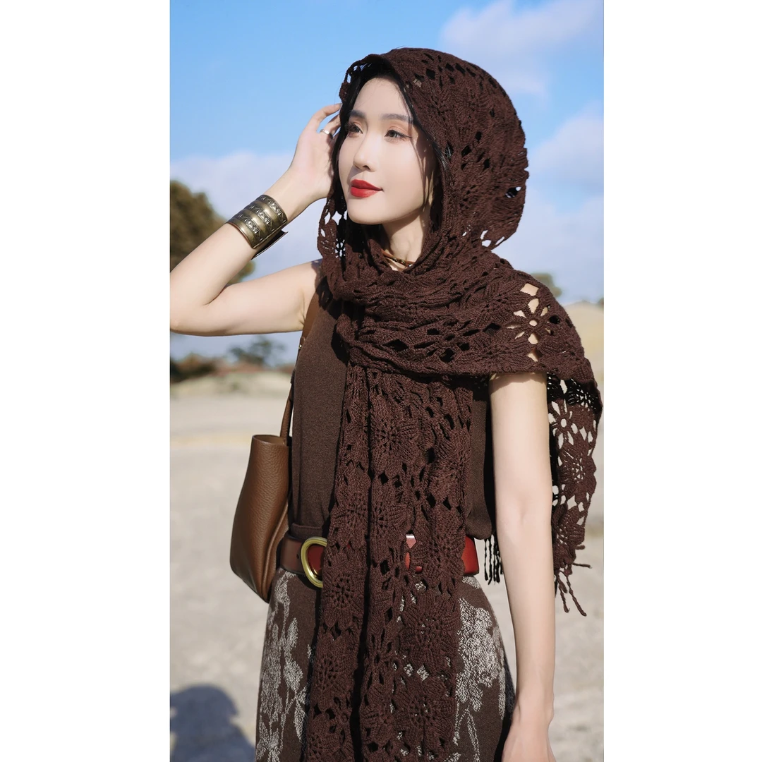 娜三月【质感】复古简约质感大勾花女士披肩围巾（新）针织时尚高档