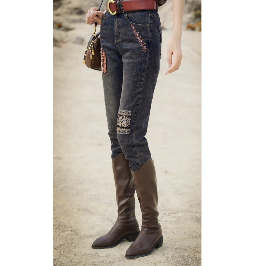 娜三月【植物染】经典弹力西部牛仔裤A322(百搭系列）复古牛仔裤女