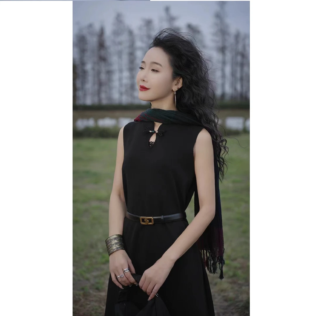 娜三月［草木染］复古腔调简约气质莱赛尔毛边流苏长款背心裙58820