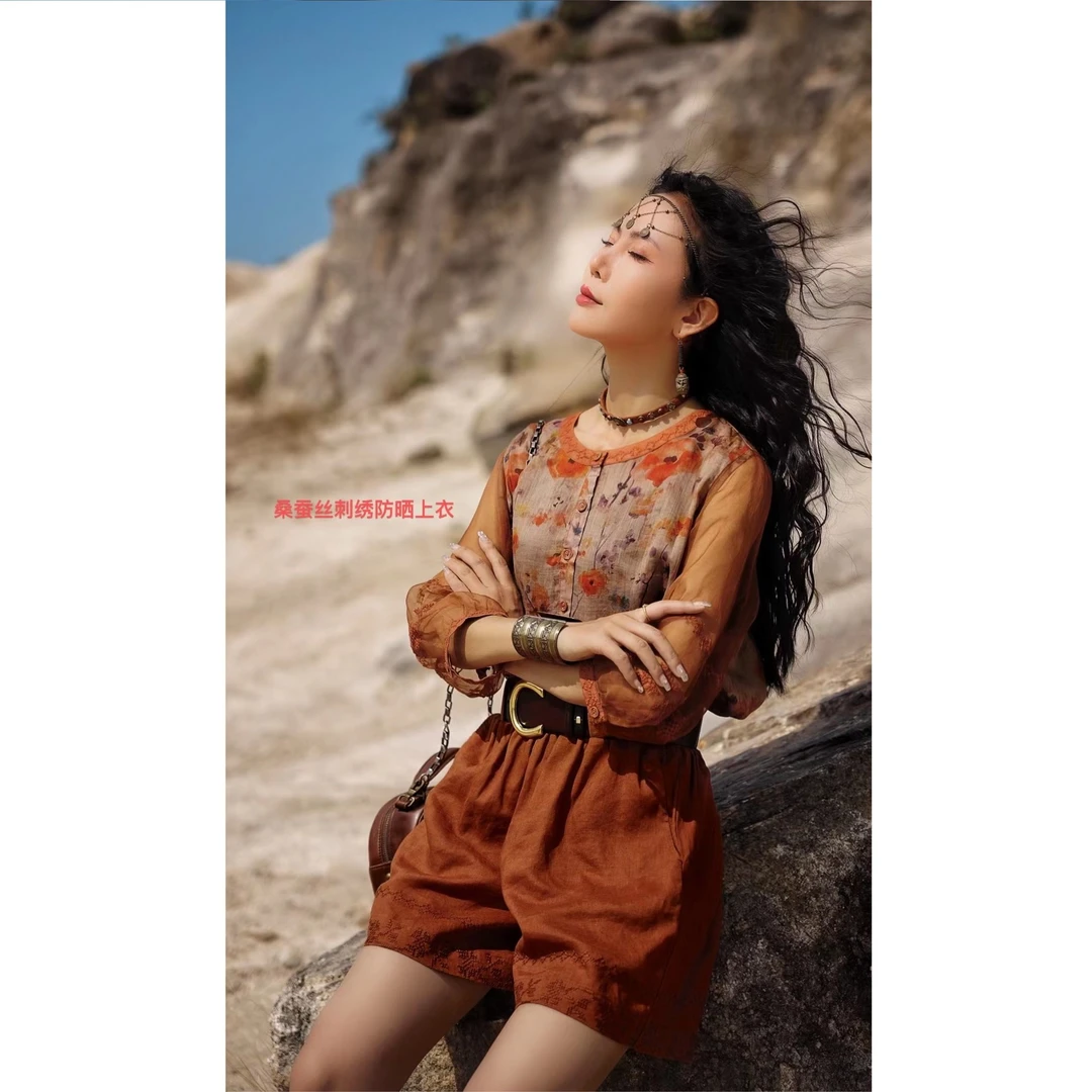 娜三月 小青复古休闲女装桑蚕丝时尚炒花色防晒通勤气质582上衣XY