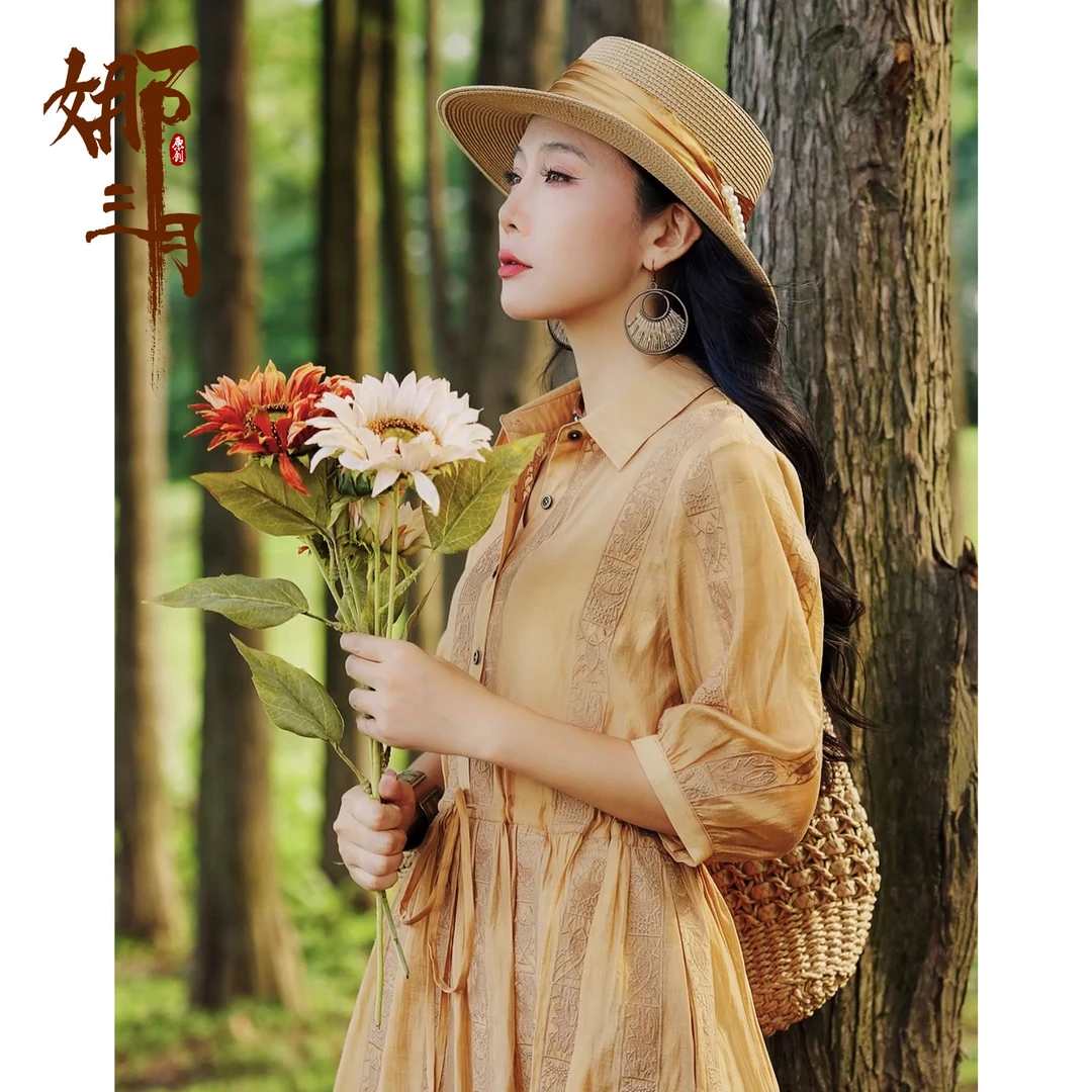 娜三月【草木染】复古刺绣女神翻领长裙32383连衣裙XY 气质