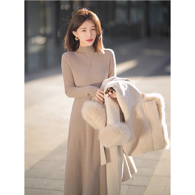 高级感御姐气质长款毛衣半高领打底针织连衣裙子女秋冬加厚配大衣