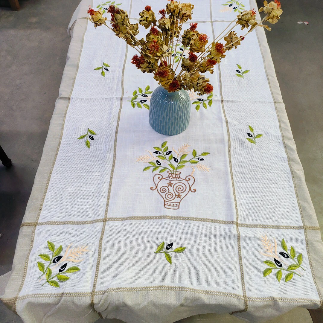 E129 棉麻交织橄榄树长方桌布130*180cmcm