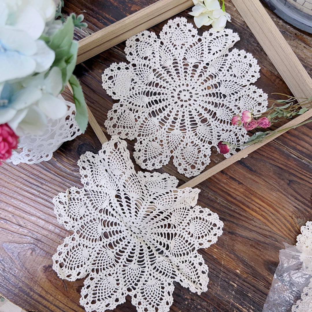 Q336 手工钩针雪花款盘垫米色棉质 氧化直径25cm 【4条】