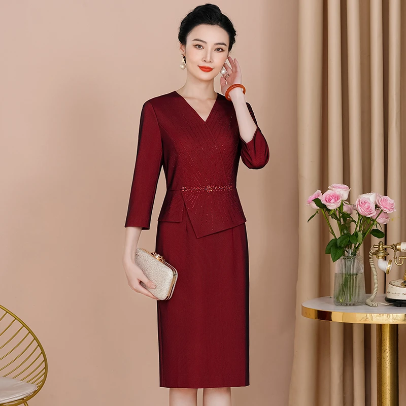 28喜婆婆喜妈妈丈母娘装婚礼宴会秋冬酒红色假两件礼服连衣裙子