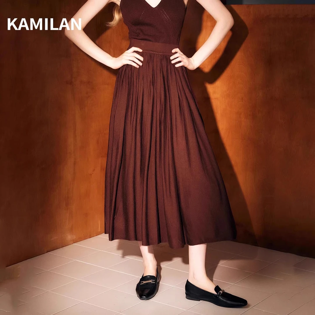 [绵羊毛]卡米兰法式高腰a字裙子2024秋新款羊毛半身裙显瘦百褶裙