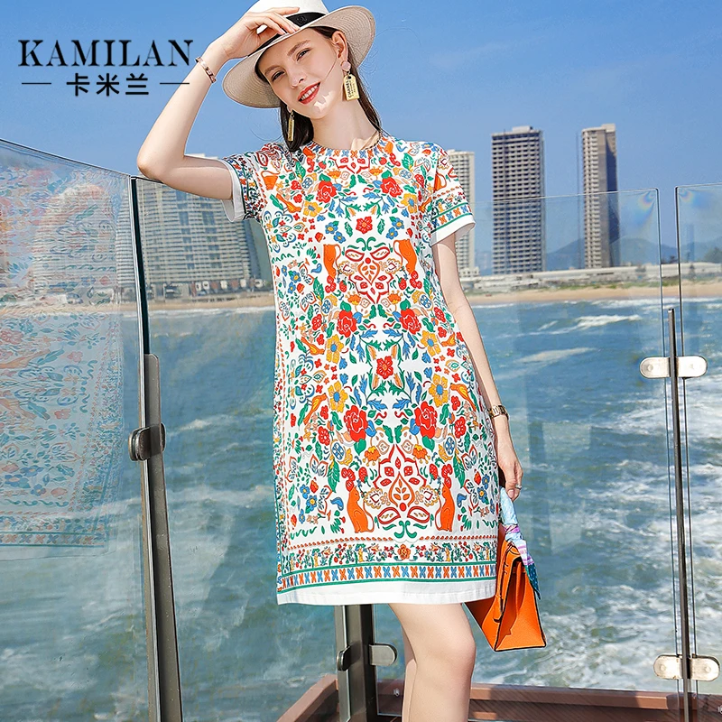 卡米兰短袖连衣裙2024新款女夏装裙子度假宽松中长款印花A字裙