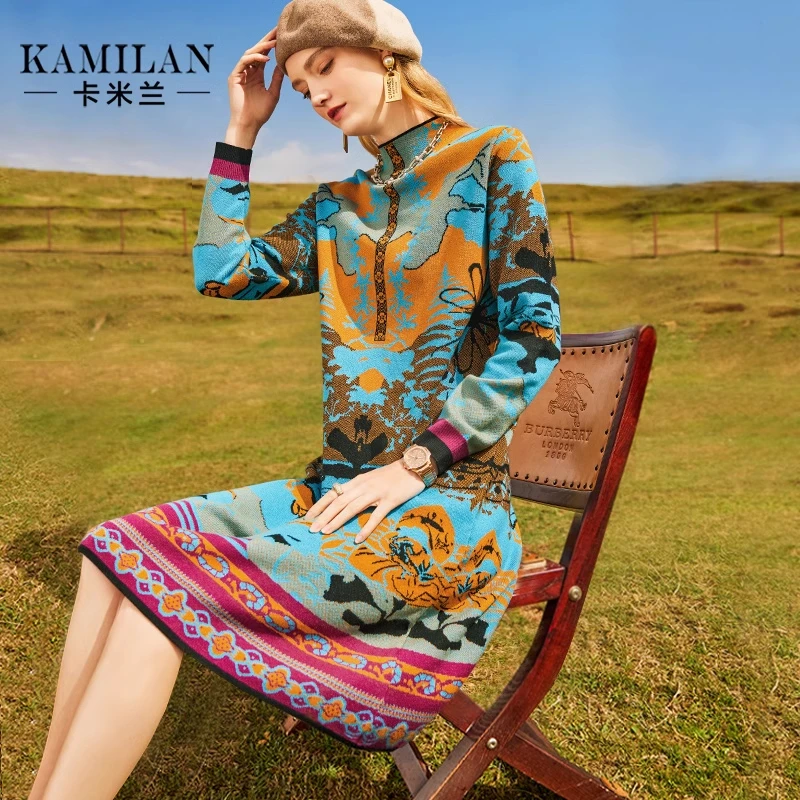 卡米兰高领针织连衣裙女2022秋冬新款中长款长袖印花毛衣打底裙