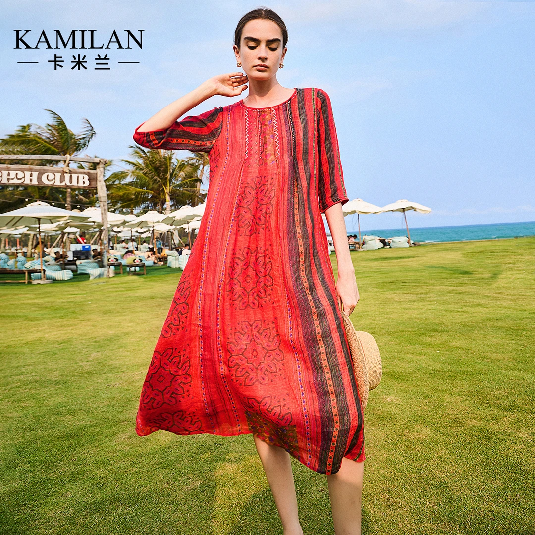 KAMILAN 卡米兰2020秋季新款苎麻连衣裙女宽松五分袖套头中长裙